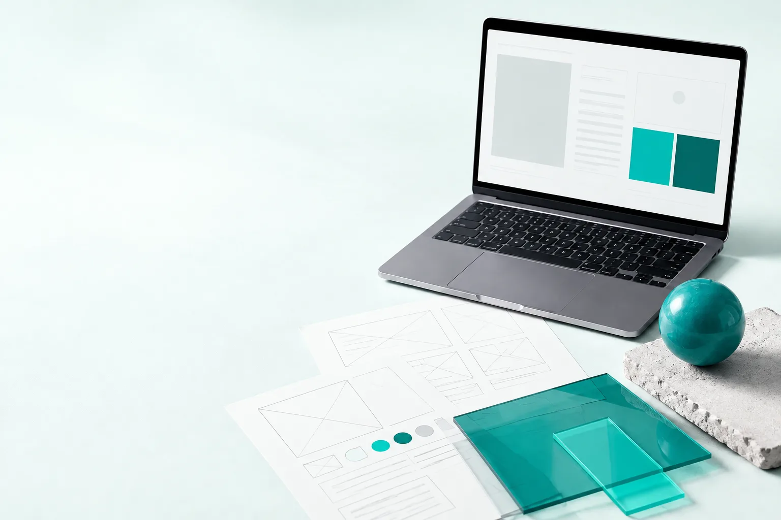 Product design studio with interface sketches and teal accents