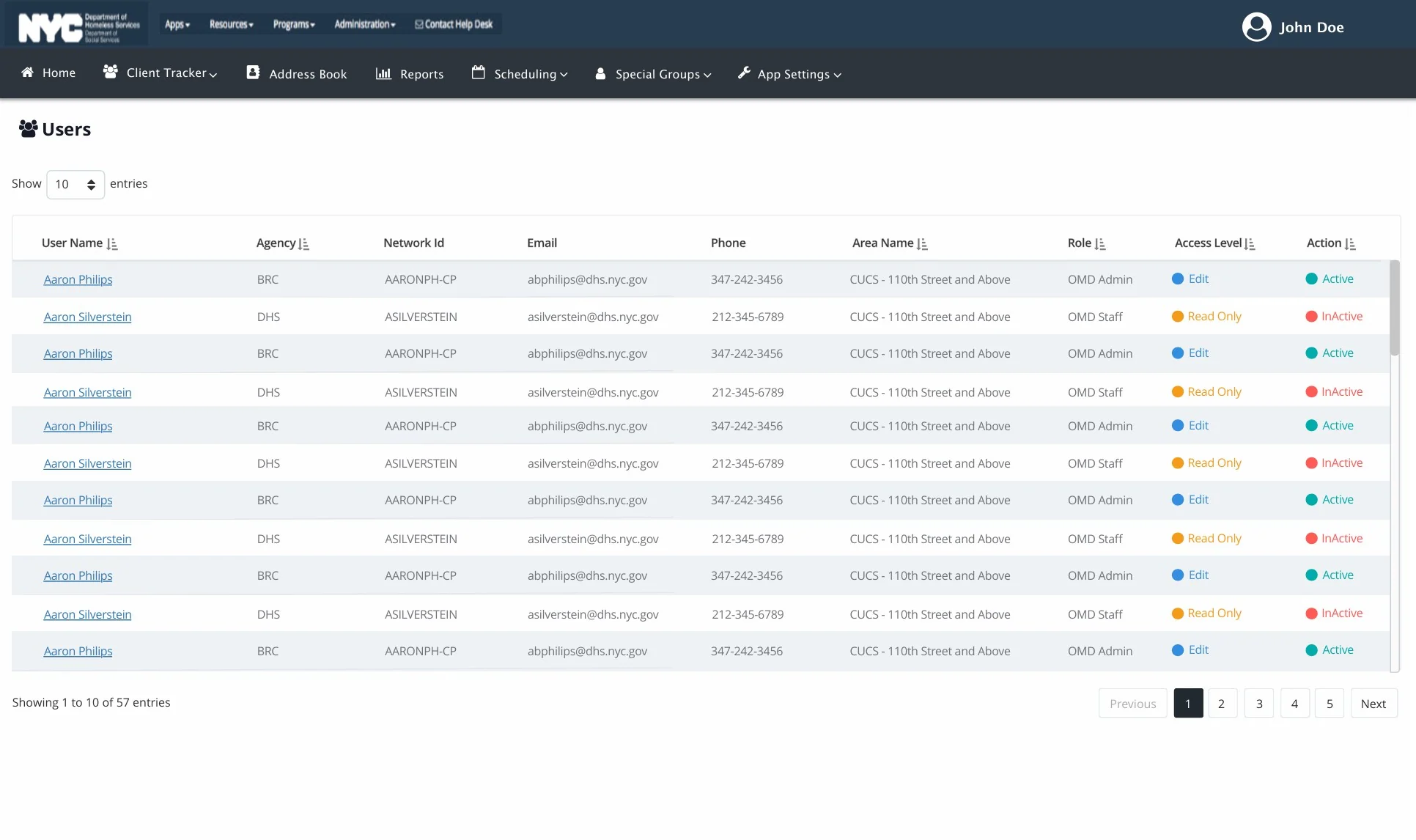 DHS Users management table