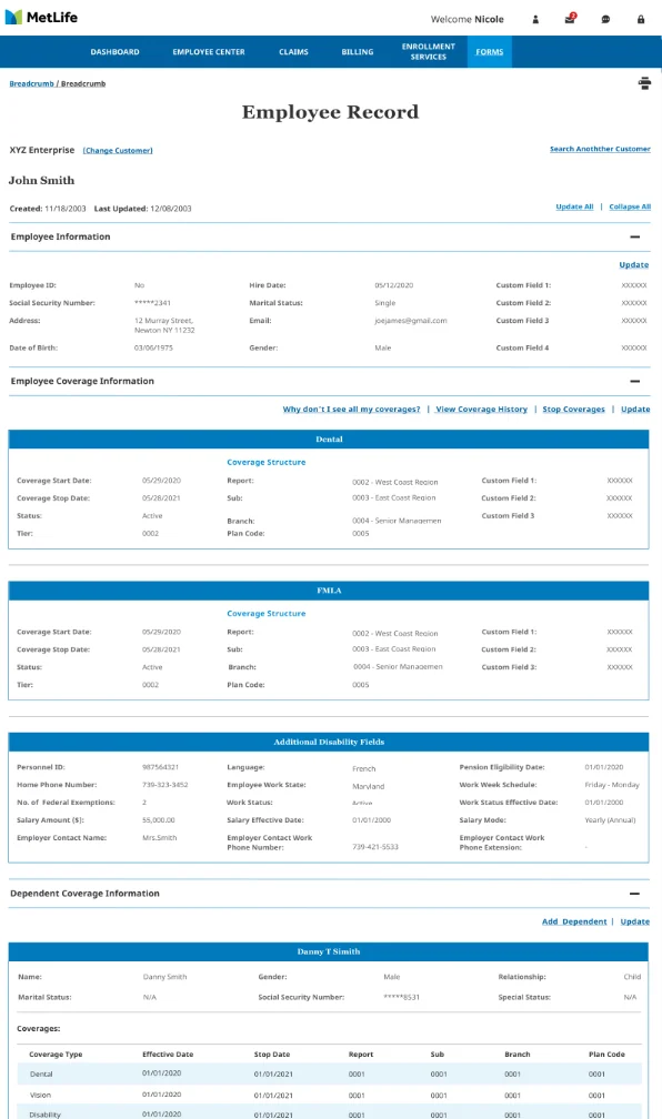 MetLife Enrollment New — Employee Record full page