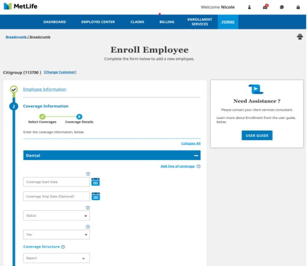 MetLife Enrollment — Enroll Employee Coverage Step