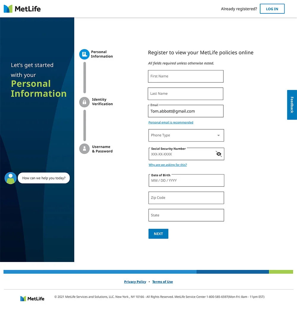 MetLife Registration Flow — Step 1 Personal Information