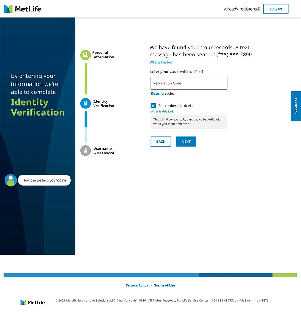 MetLife Registration Flow — Step 2 Identity Verification
