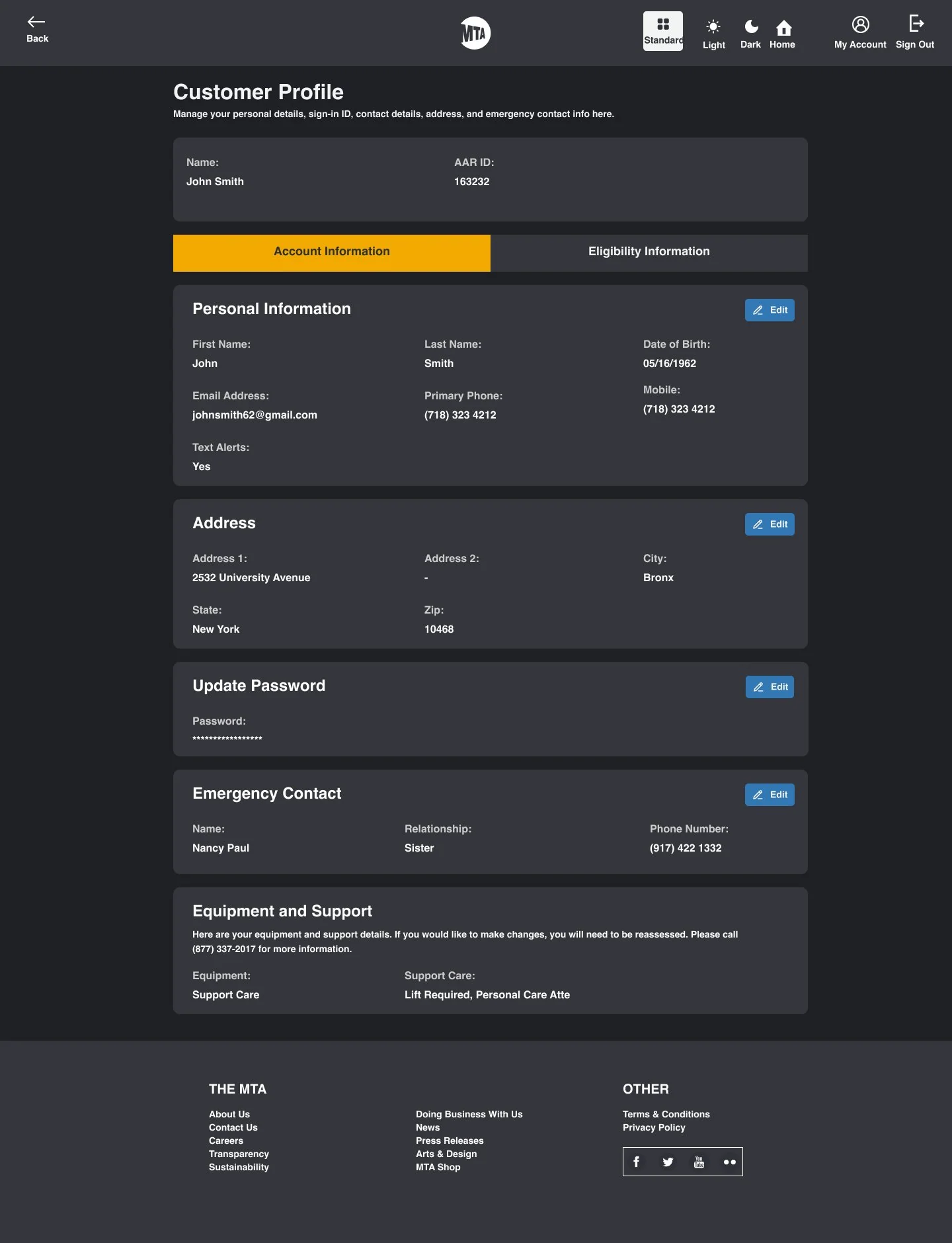 MTA Dark Mode — Account Information Tab