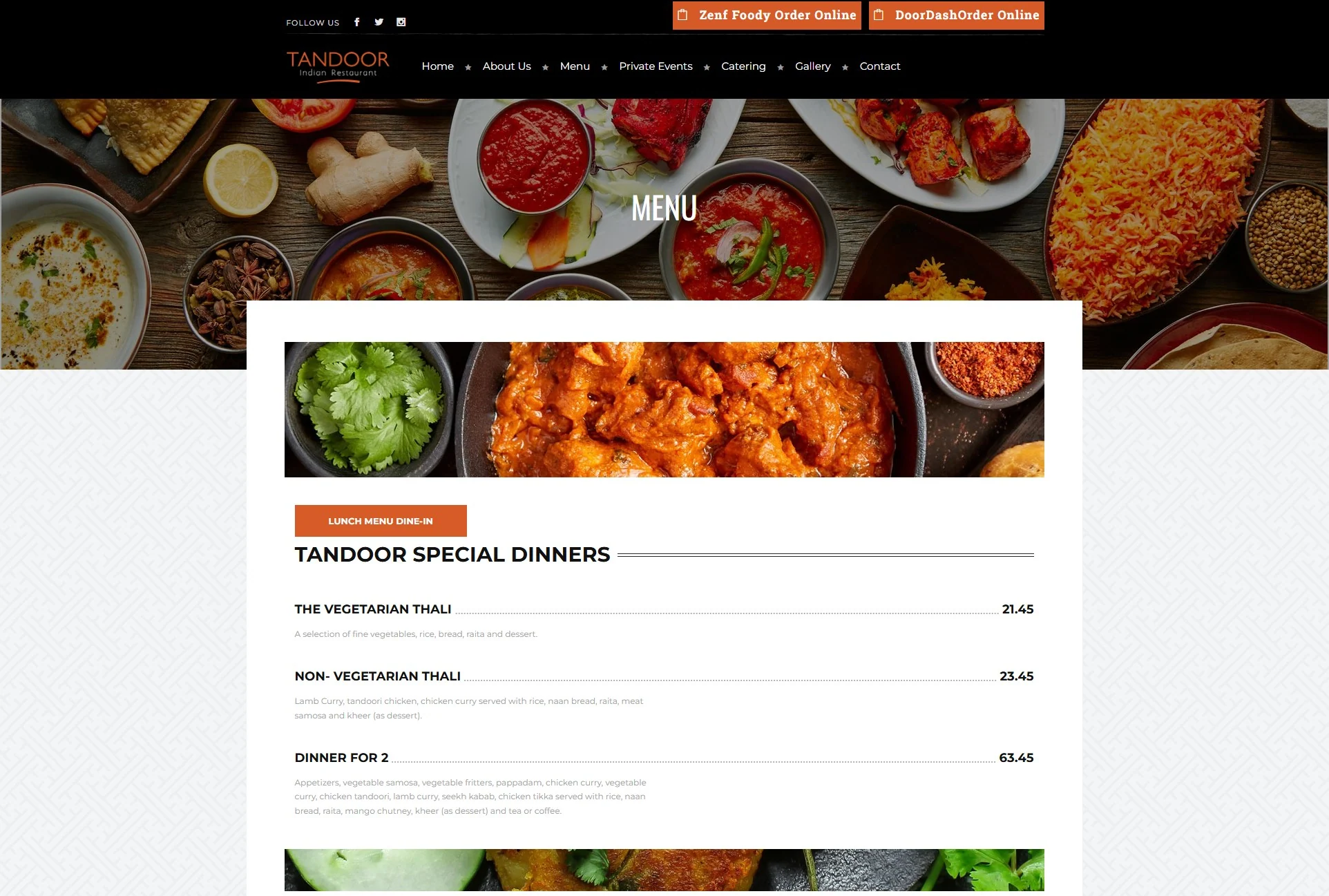 Tandoor Menu page — desktop