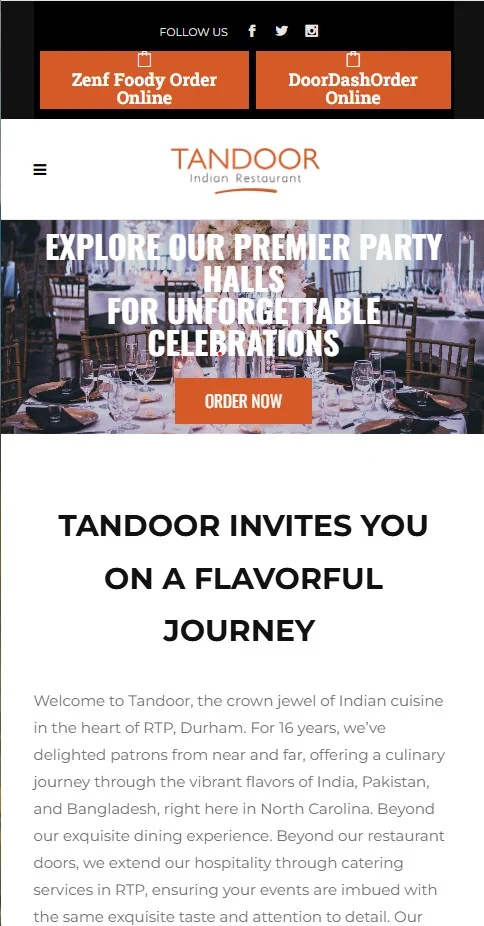 Tandoor Homepage Mobile — hero slider and welcome section