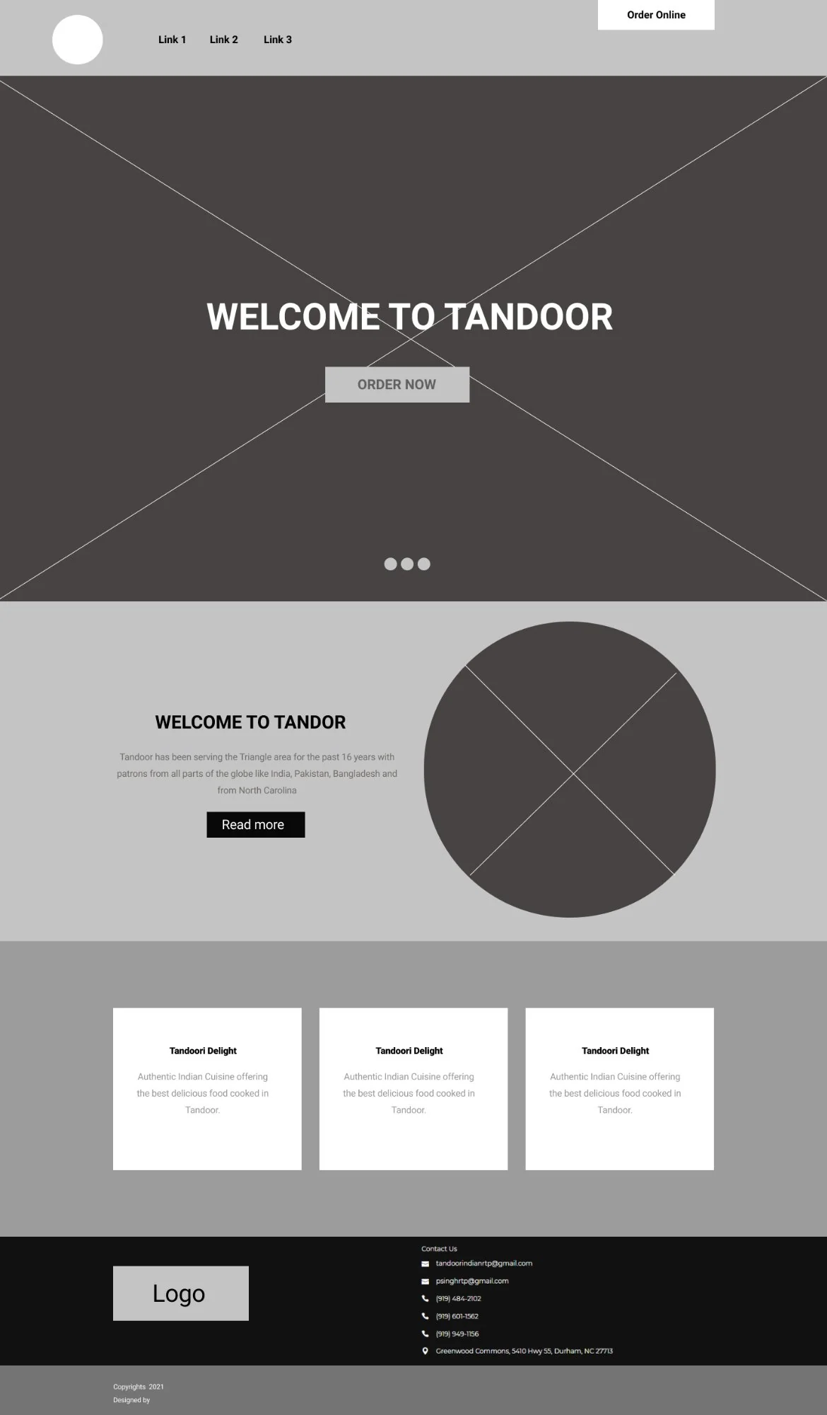 Tandoor Wireframe — greyscale homepage layout
